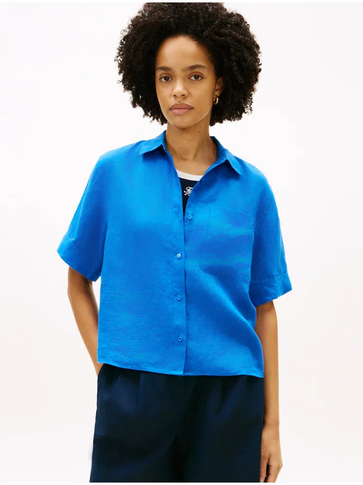 Футболка с коротким рукавом из льна, Essential Linen Shirt TOMMY HILFIGER, Royal Blue