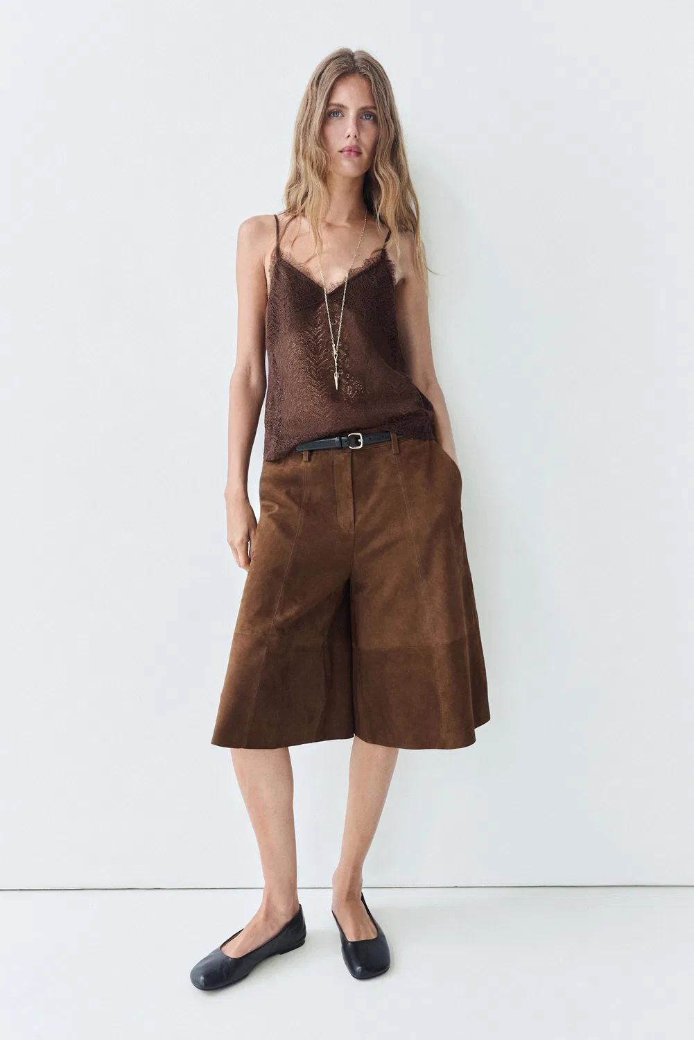 Топ Massimo Dutti, с кружевной отделкой, коричневый — фото 4