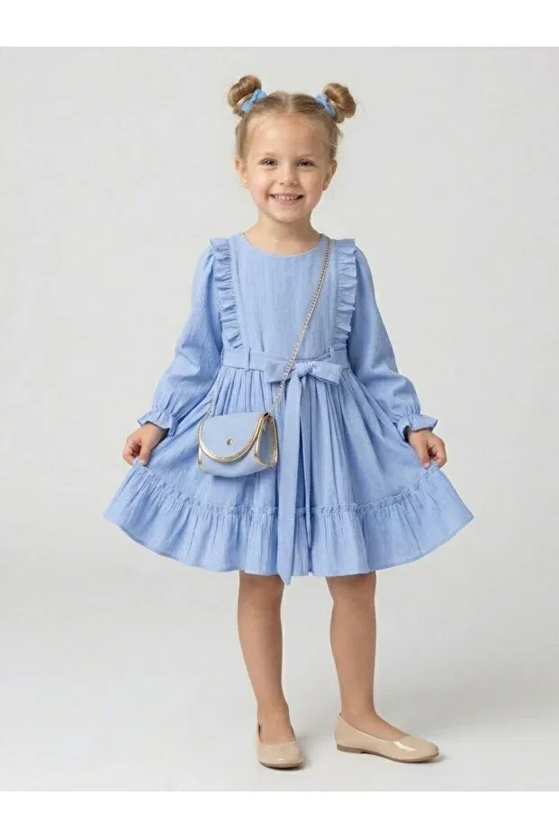 Детское платье для девочек с длинным рукавом Symmetrical Ruffle Dress Cherrys Bebek, Blue