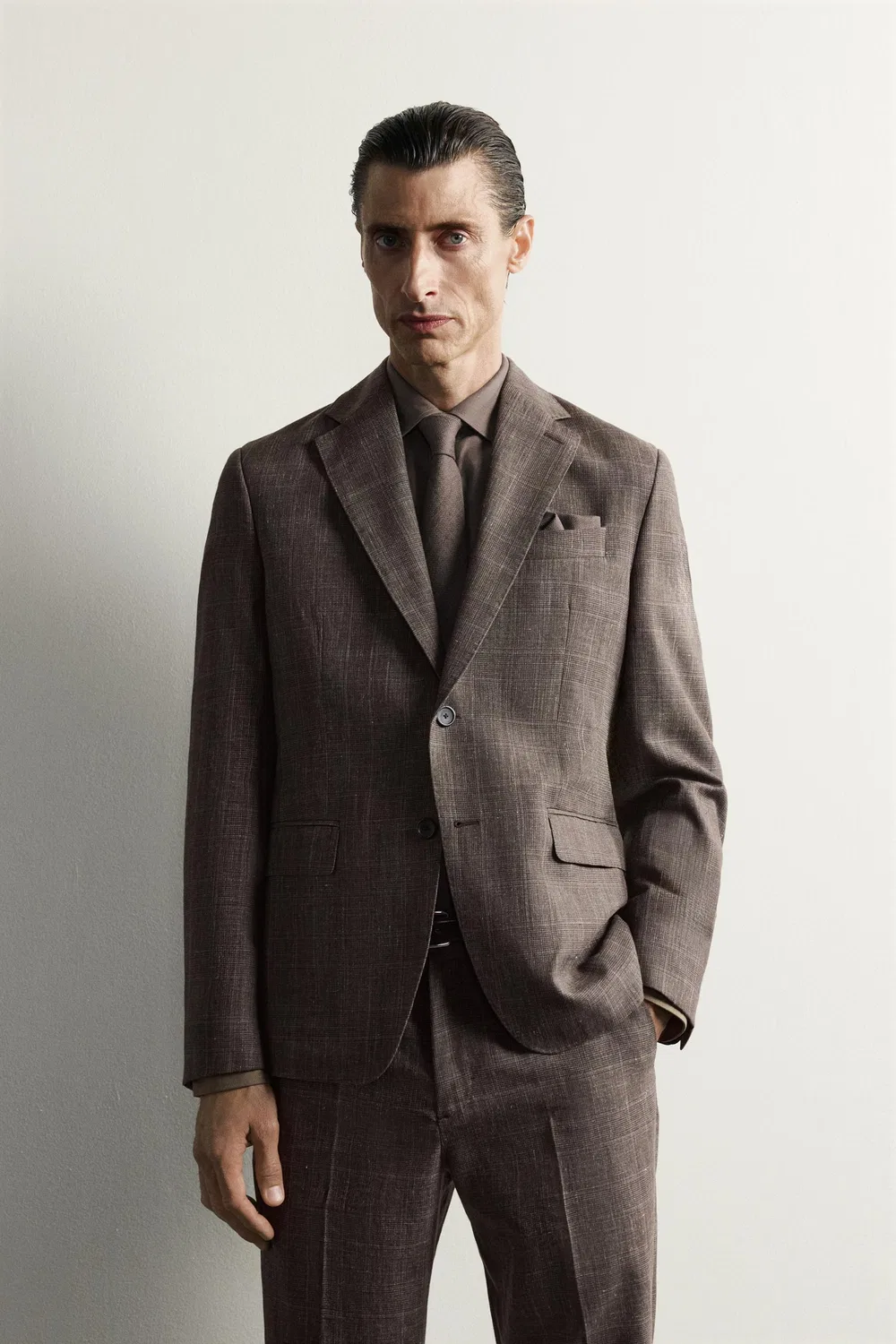 Блейзер из клетчатого льна/шерсти для костюма ZARA, Brown — фото 2