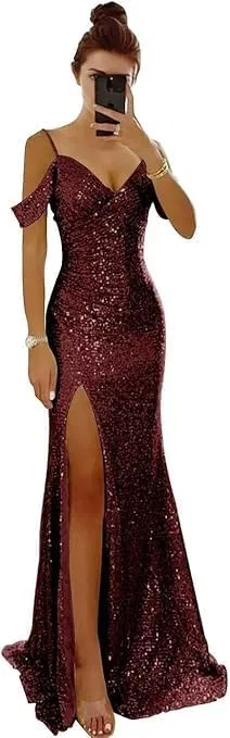 Женское вечернее платье-русалка с пайетками, Off Shoulder, Burgundy