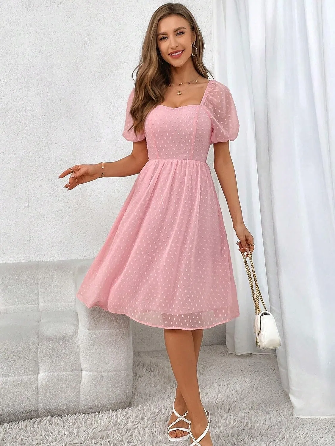Женское повседневное платье миди с пышными рукавами, Baby Pink — фото 3