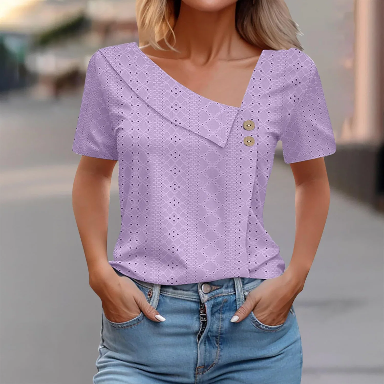 Женская блузка с V-образным вырезом Elegant Loose V-Neck Solid Color Button Neck Top, Purple-1 — фото 2