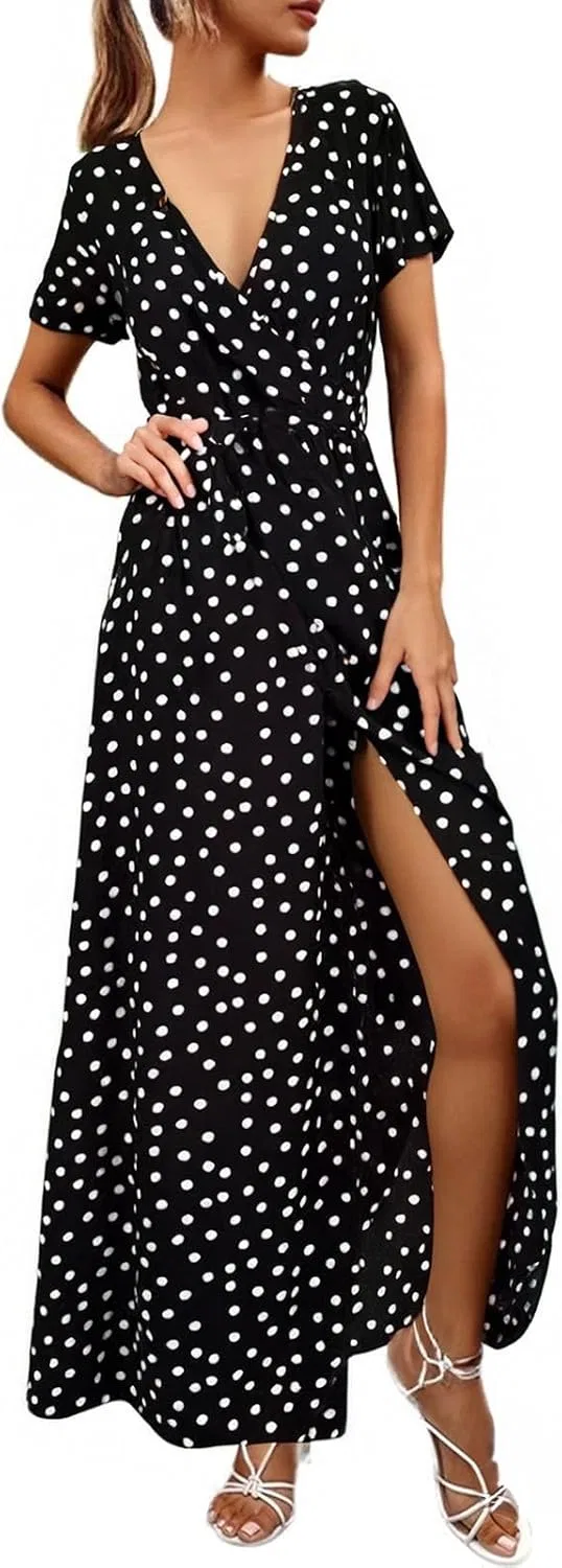Женское летнее платье макси с V-образным вырезом, гороховым принтом Polka Dot Print, Black