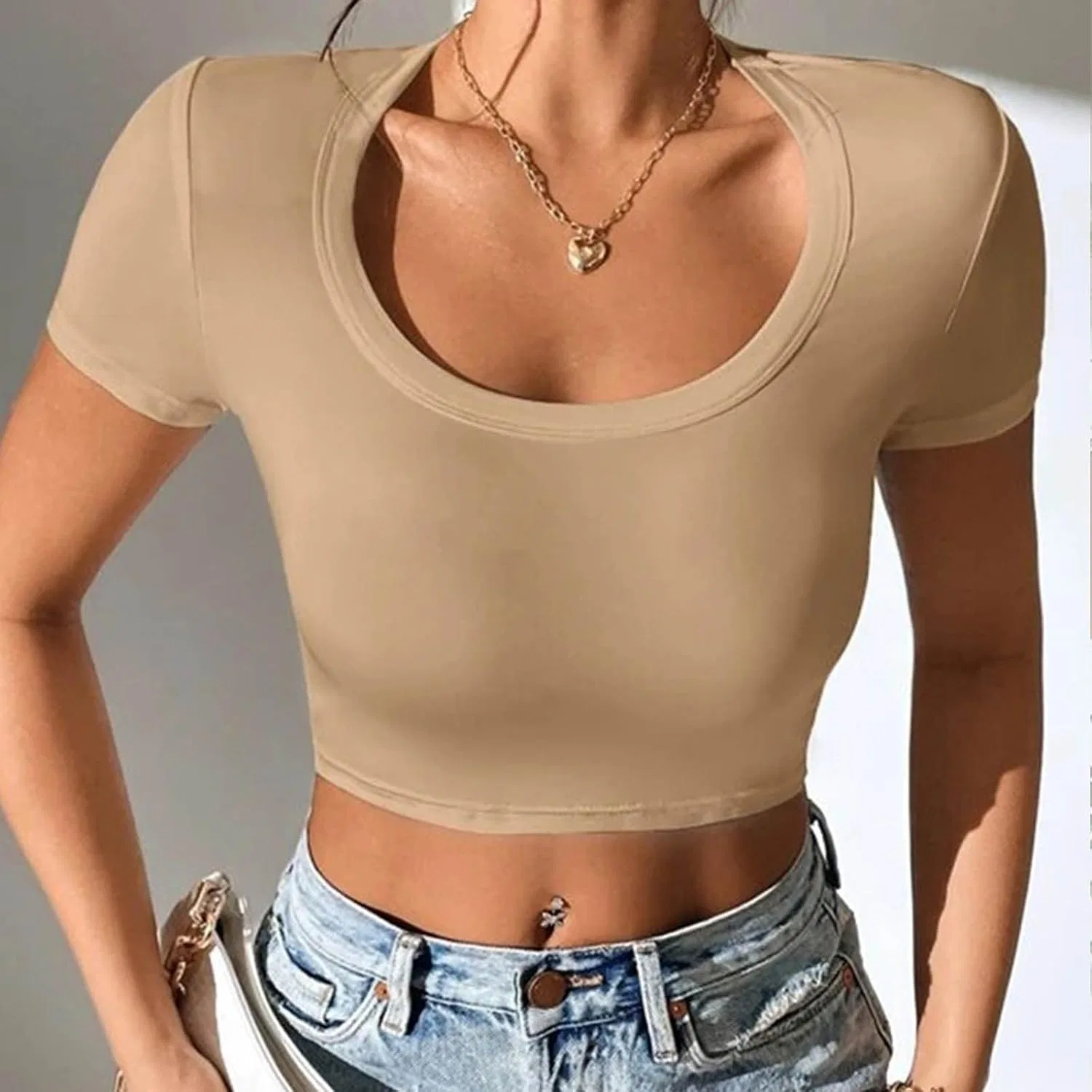 Женская облегающая футболка с круглым вырезом, Ribbed Knitted, Khaki — фото 3