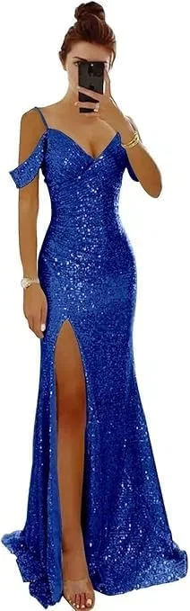 Женское вечернее платье с пайетками на одно плечо со шлейфом, Royal Blue
