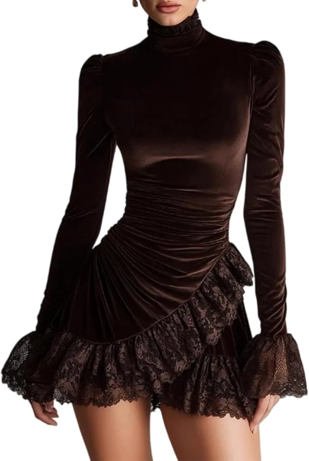 Женское мини-платье с воротником-стойкой и кружевом, Velvet Vintage, Brown