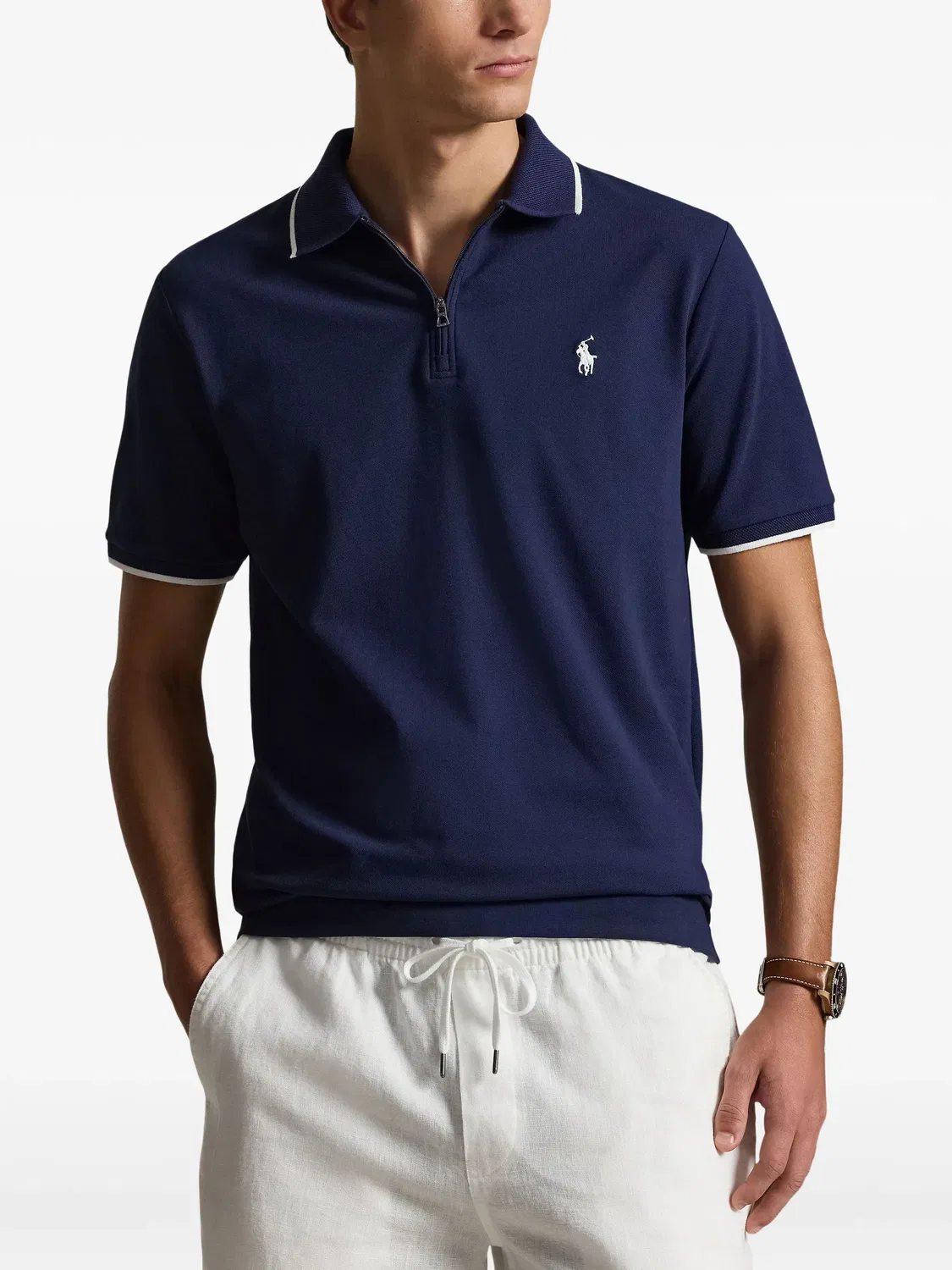 Поло на молнии с синими кантами Polo Ralph Lauren, синий — фото 2
