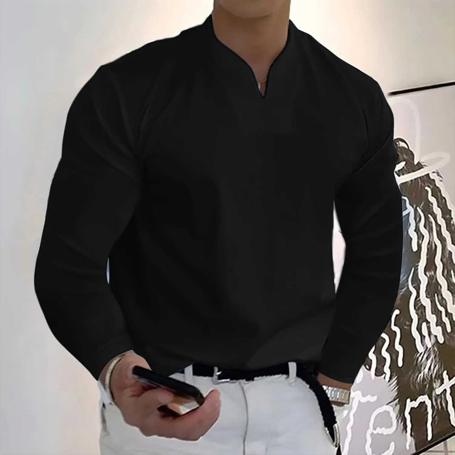 Мужская футболка с длинным рукавом хенли Regular Fit, Black — фото 2