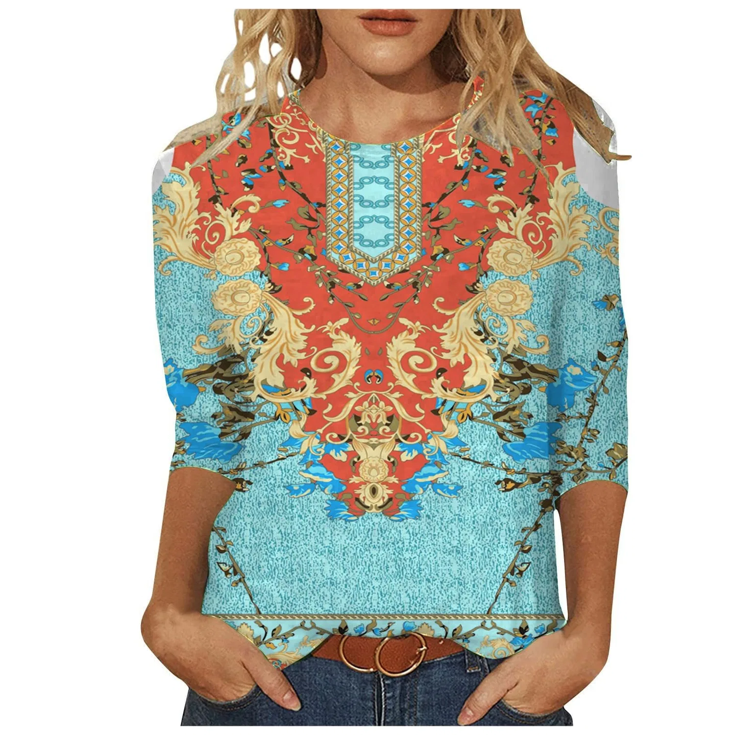 Женская футболка с принтом Plus Size T-Shirts 3/4 Sleeves, Sky Blue #4