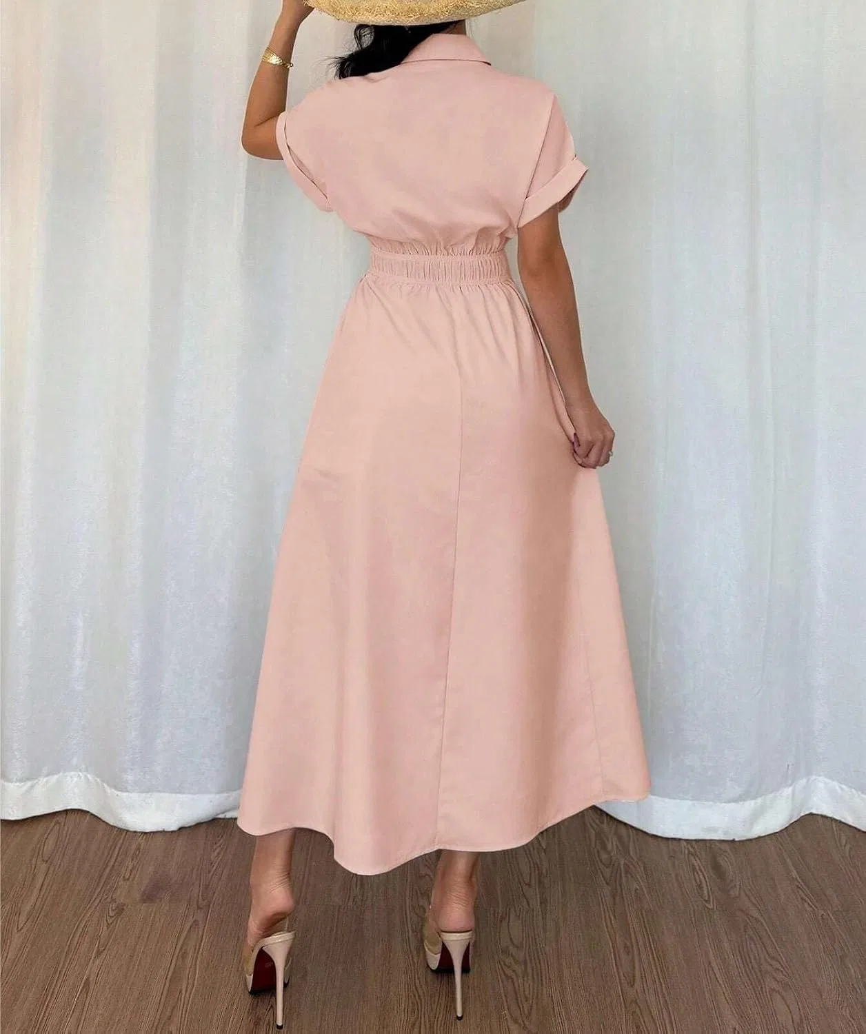 Женское платье-рубашка с пышными рукавами, асимметричным подолом, Pink — фото 2