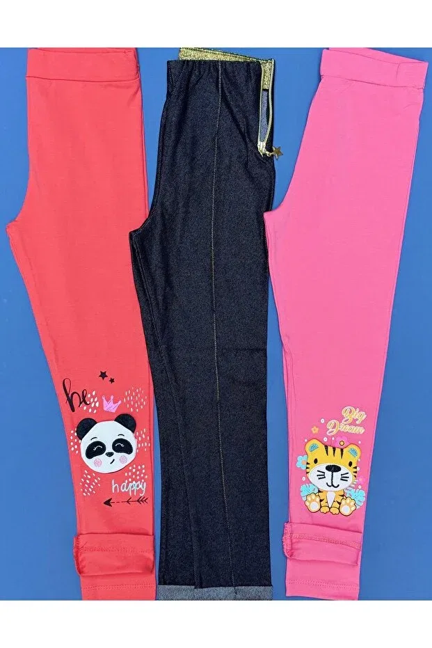 Детские леггинсы для девочек с принтом 5-8 years combed cotton and denim tights triple set Baby Ella'S, Multicolored — фото 2