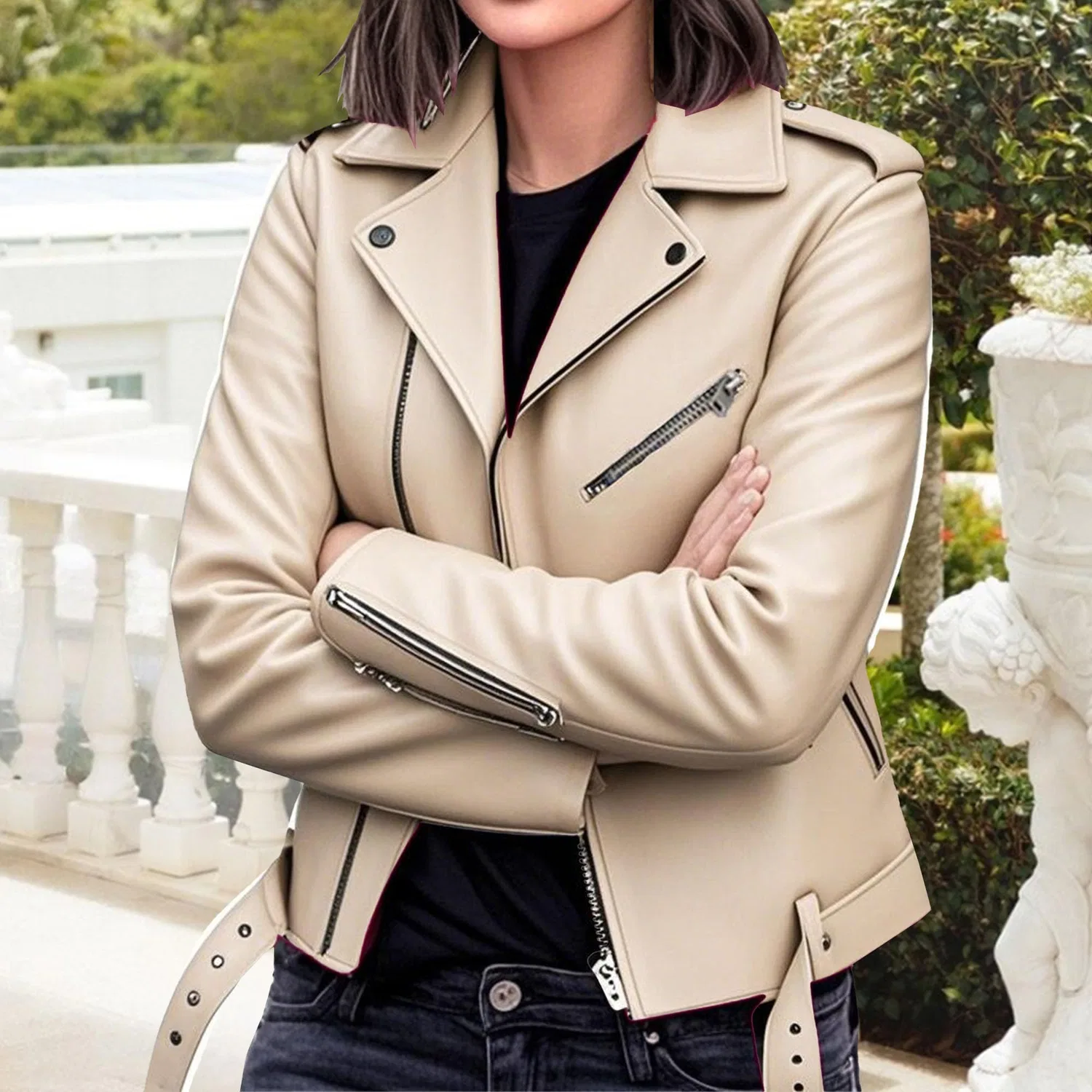Женская куртка-косуха из экокожи с молнией, dark khaki — фото 2