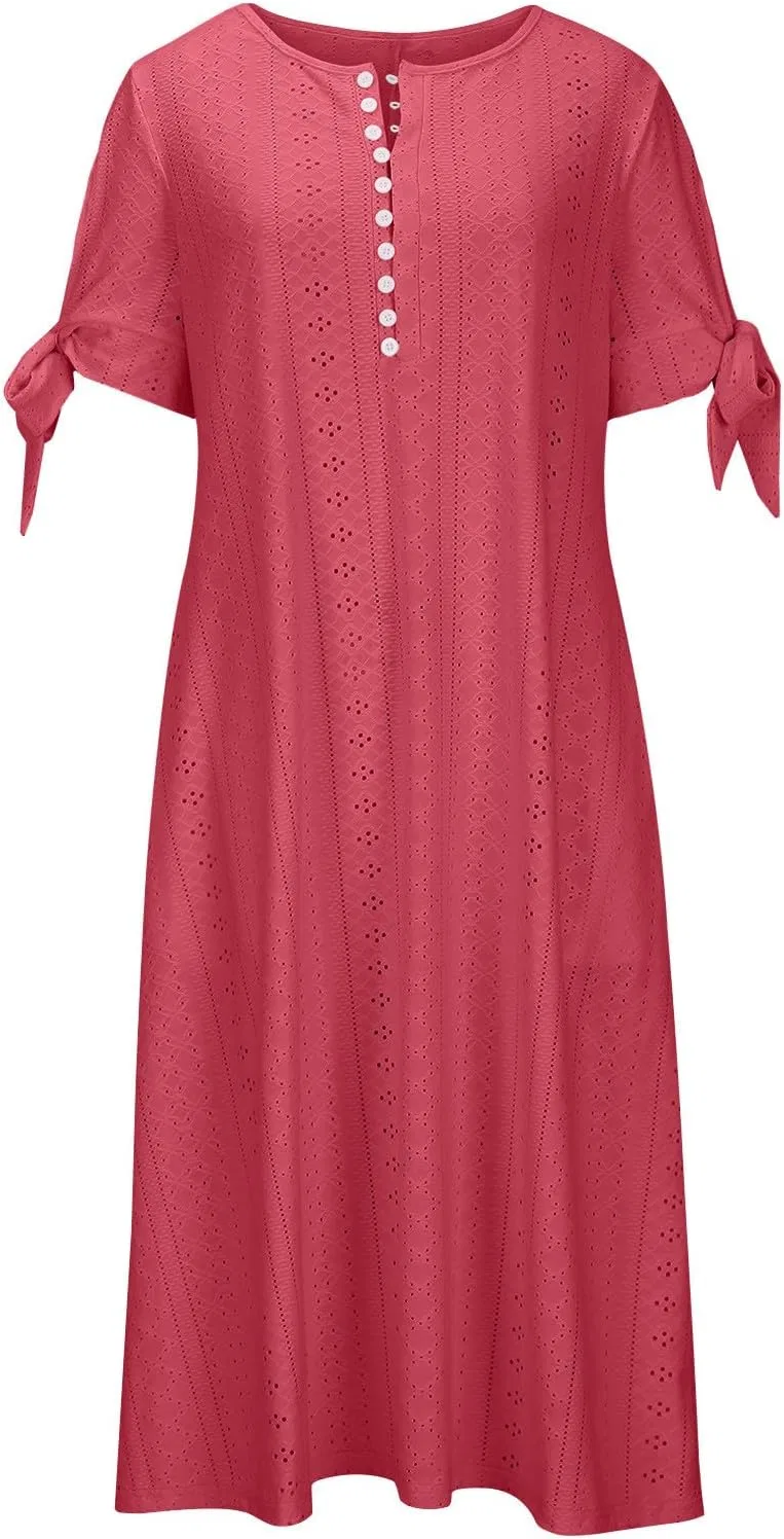 Женское летнее платье миди с вышивкой и завязками на рукавах, Hot Pink — фото 3