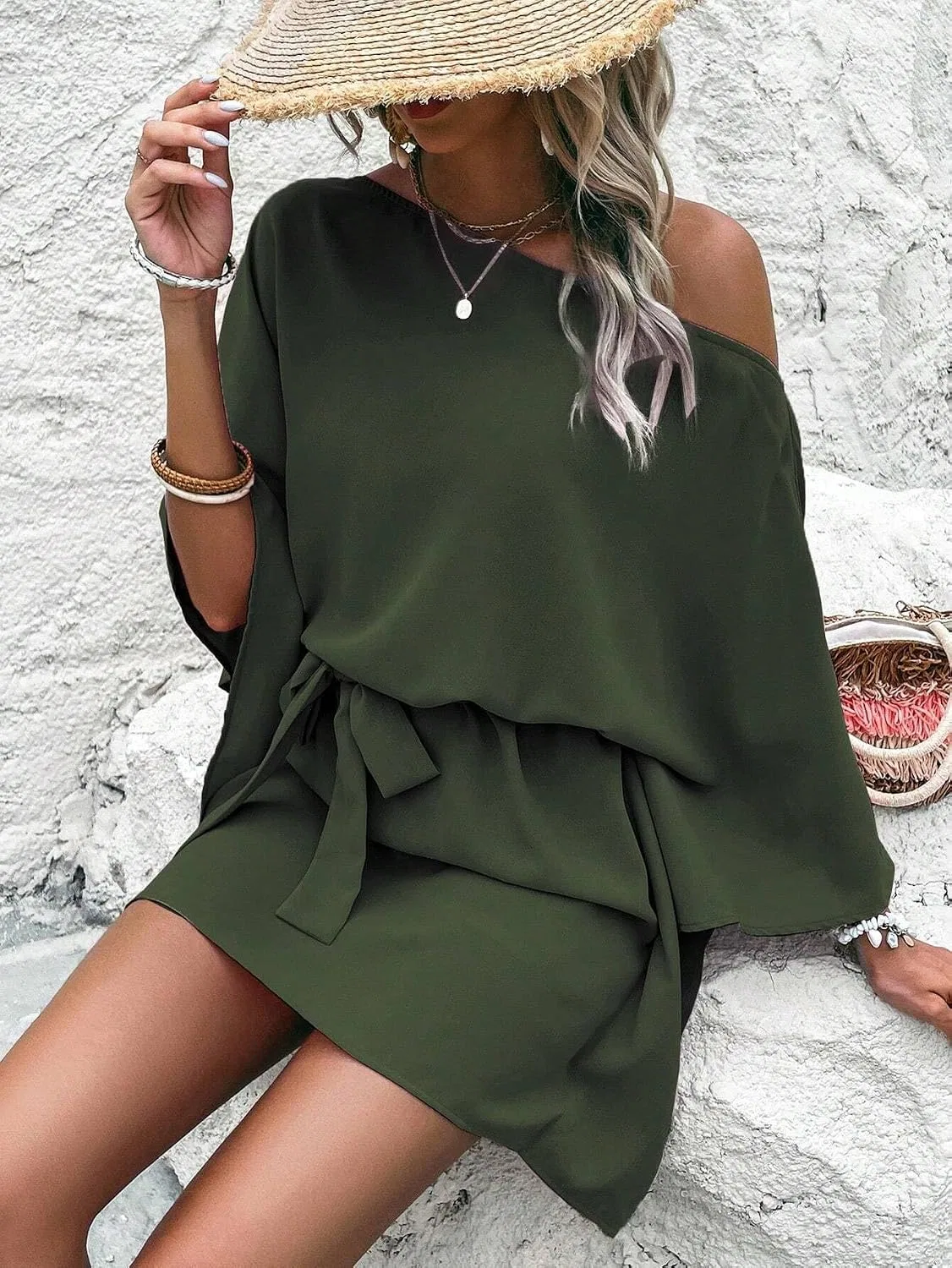 Женское летнее платье с асимметричным вырезом, Army Green — фото 4
