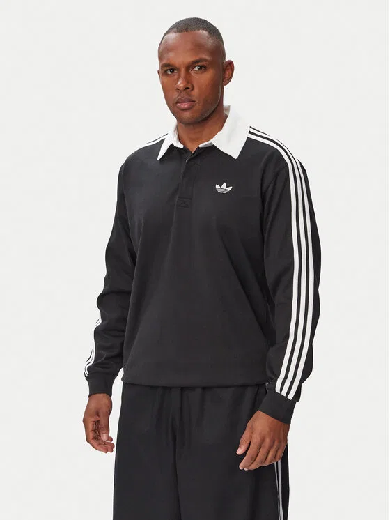 Поло regular fit 3-Stripes Rugby Longsleeve Polo Adidas, черный