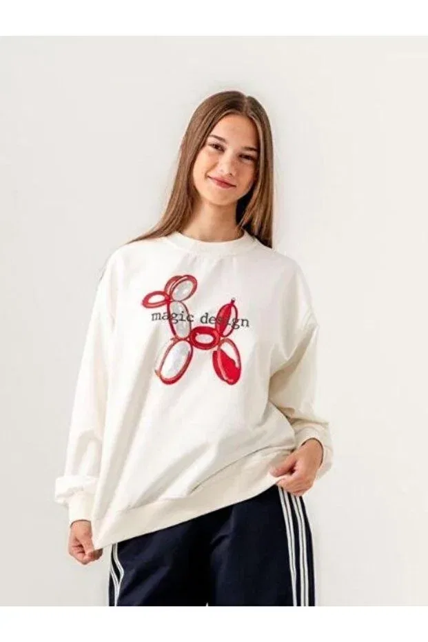 Детские свитшот для девочек с принтом Magic Printed Design Zekids, Ecru Red — фото 3