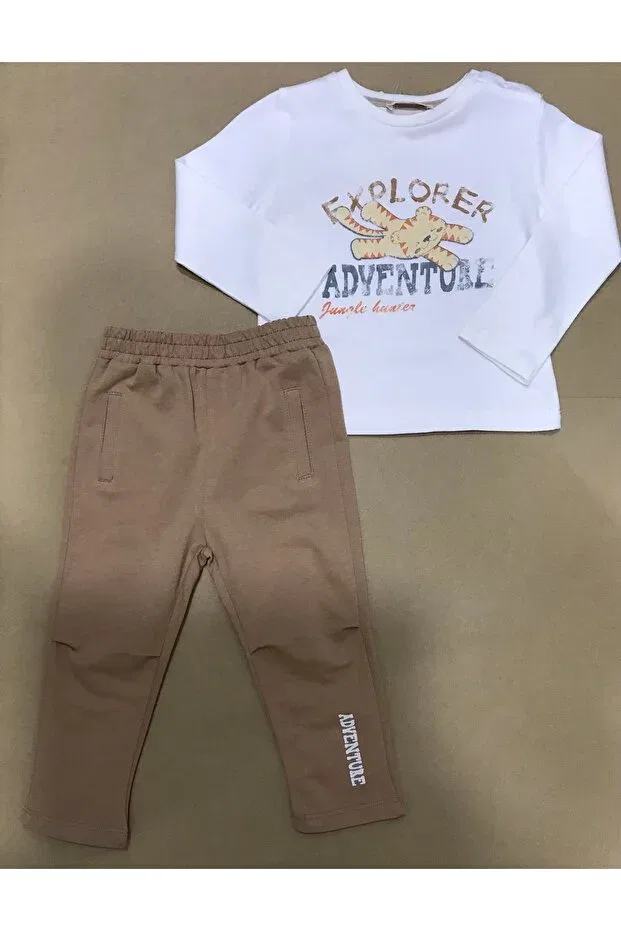 Детский спортивный костюм для мальчиков с принтом Explorer Tracksuit Suit Çikoby, Ekru-Beige — фото 4
