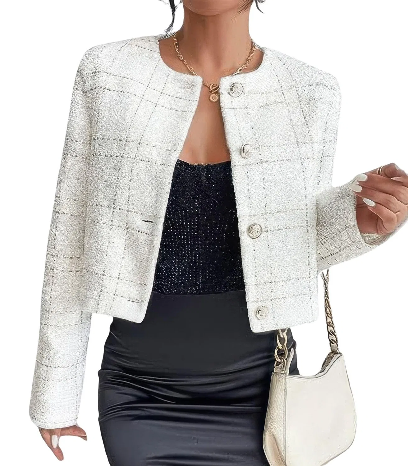 Женский твидовый пиджак без воротника с принтом Glitter Jacket, White