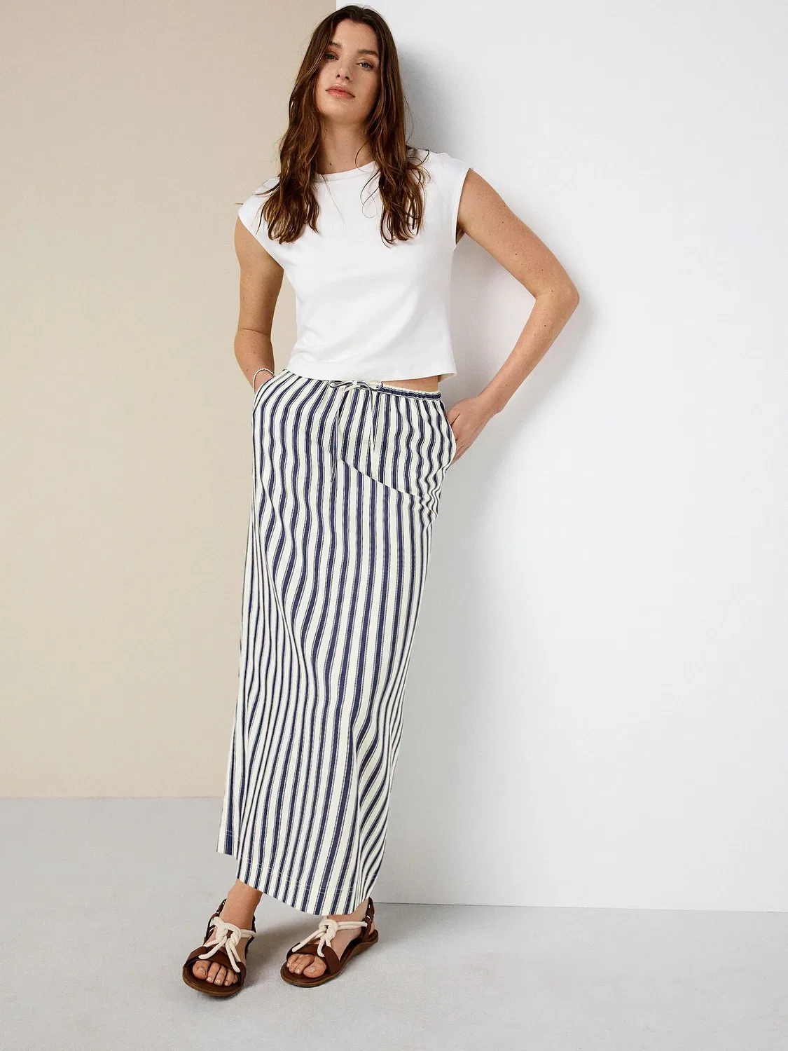 Юбка миди с полосками, Navy Blue/Ecru Stripe Next