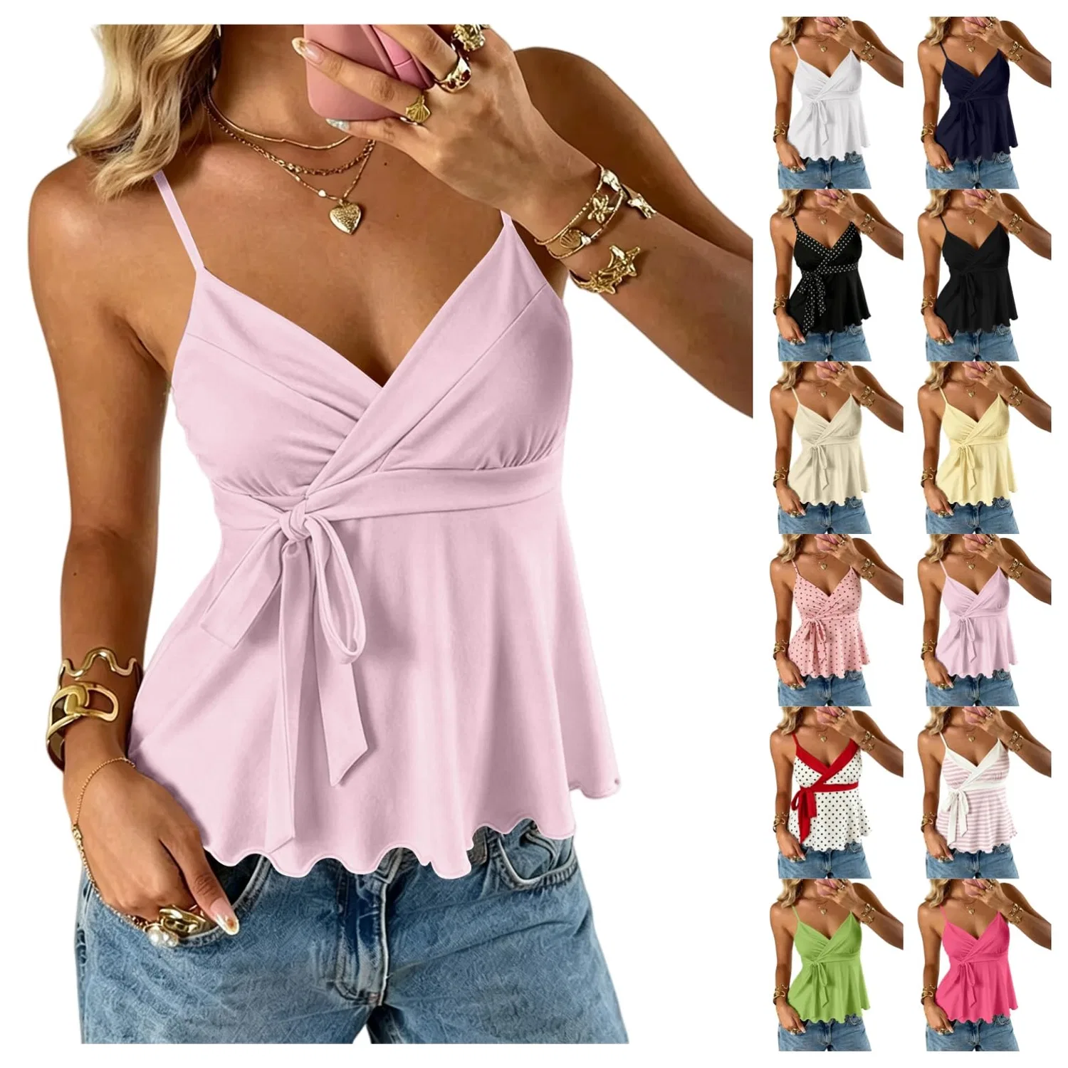 Женский топ на бретелях с принтом в горошек Y2K Women's Summer Babydoll Top 2000s Polka Dot Spaghetti Straps V Neck Cute Party Top Lace Front, Colour: Pink