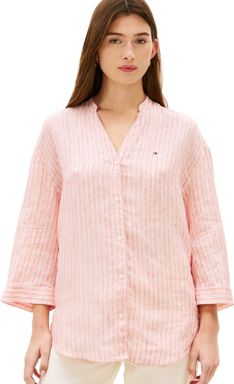 Женская рубашка с длинным рукавом Ess Linen Collarless Tommy Hilfiger, Beige (Chalk Stp Ecru Fireworks)