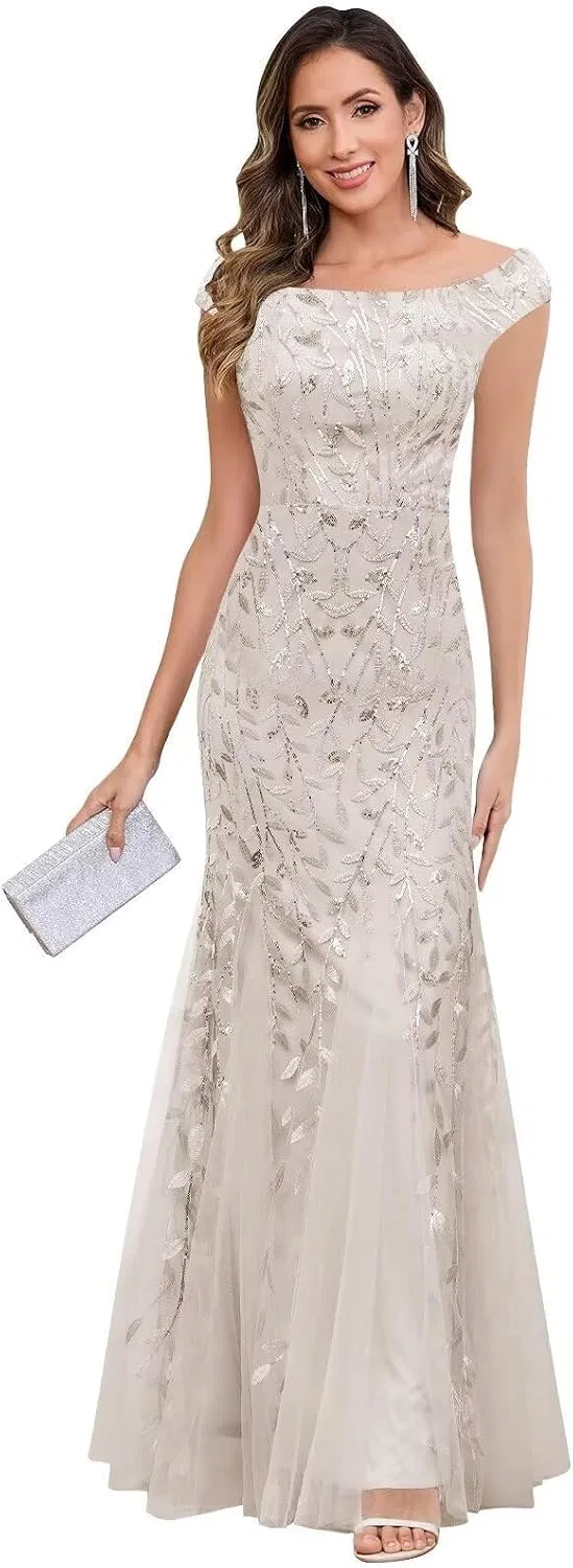 Женское вечернее платье с вышивкой и пайетками, off shoulder, Ivory