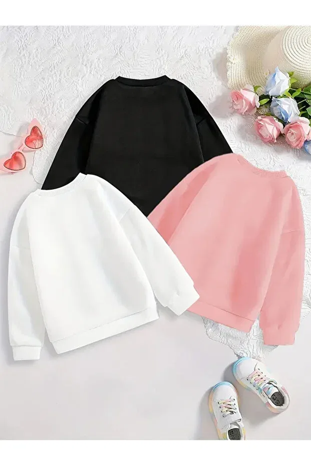 Детский комплект свитшотов для девочек Ice Cream Capybara Printed Crew Neck Sweatshirt Louisa, 1Black-White-Pink — фото 2