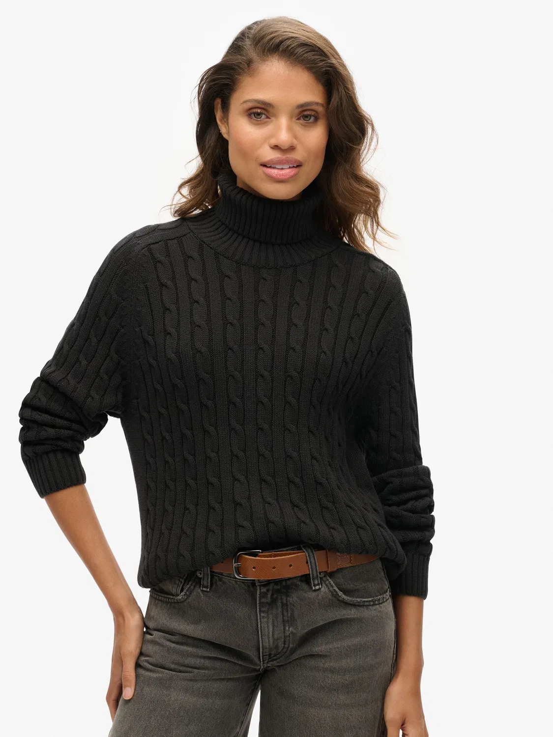 Свитер с воротником-хомутом, свободный, Slouchy Cable Roll Neck Superdry, черный