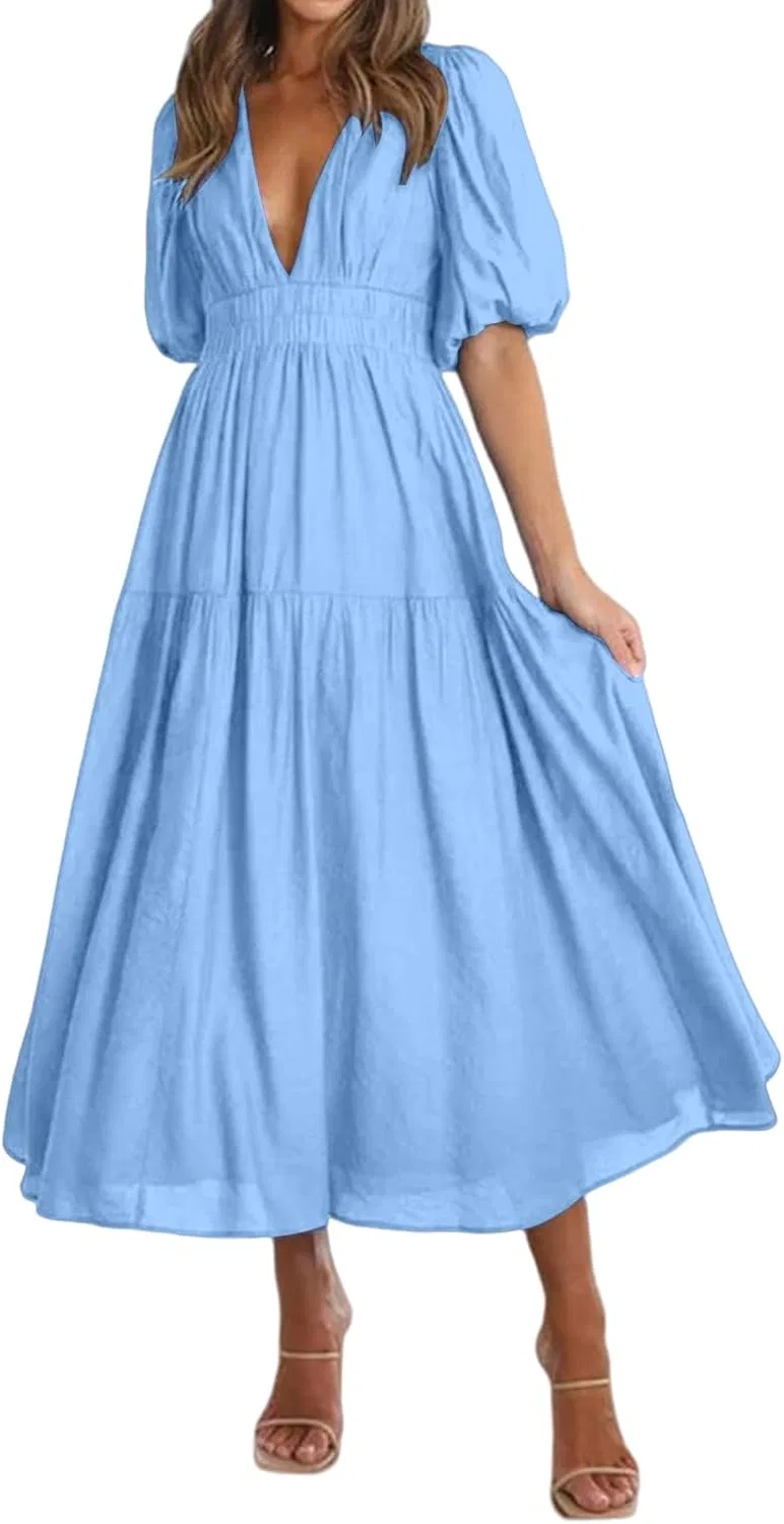 Женское летнее макси-платье V-образным вырезом Aline, Light Blue