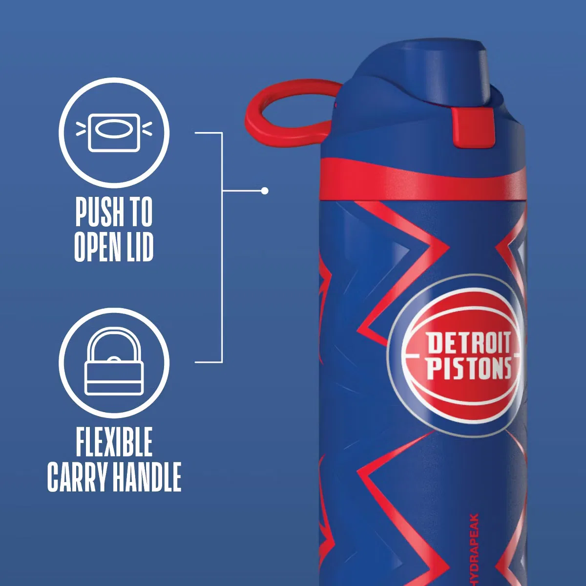 Детская бутылка для воды 20 унций (591 мл) с кнопочной крышкой HydraPeak x NBA Detroit Pistons Oasis HydraPeak, Detroit Pistons — фото 4