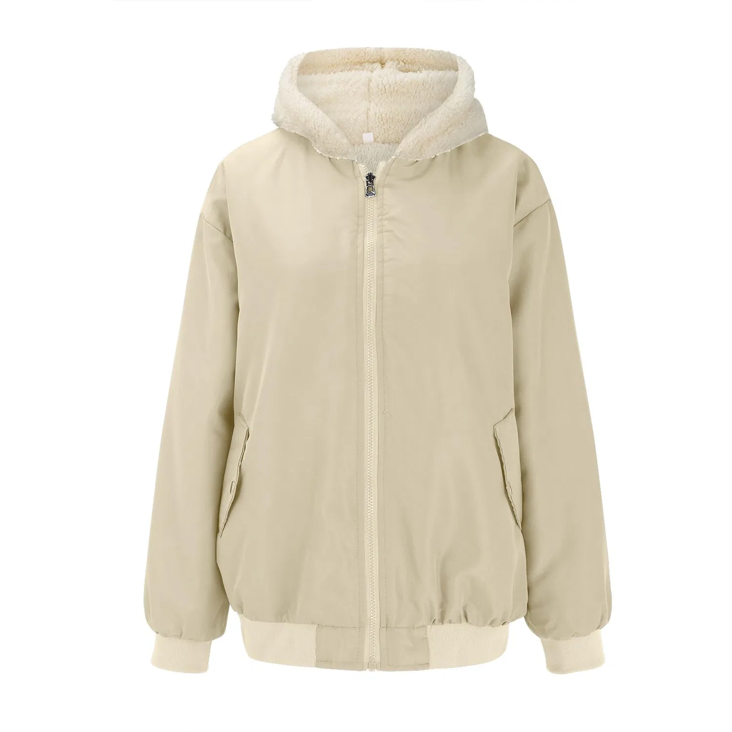 Женское утеплённое пальто на молнии с капюшоном, Beige — фото 4