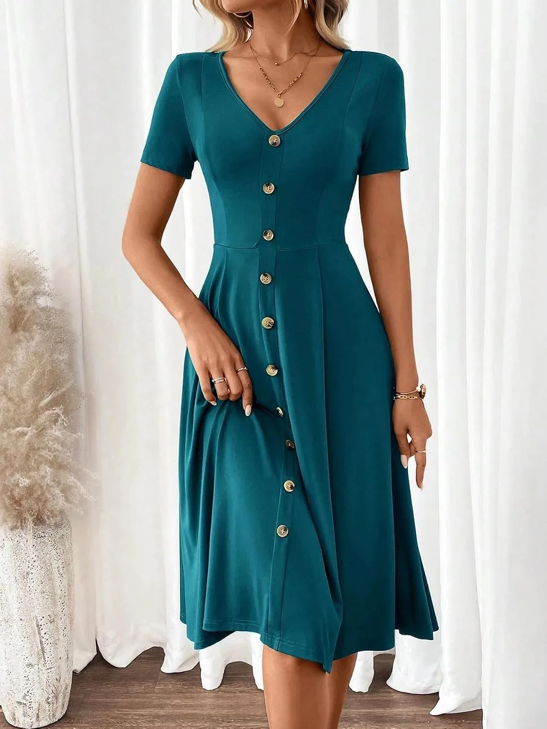 Женское платье A-силуэта с V-образным вырезом, Teal Blue — фото 4