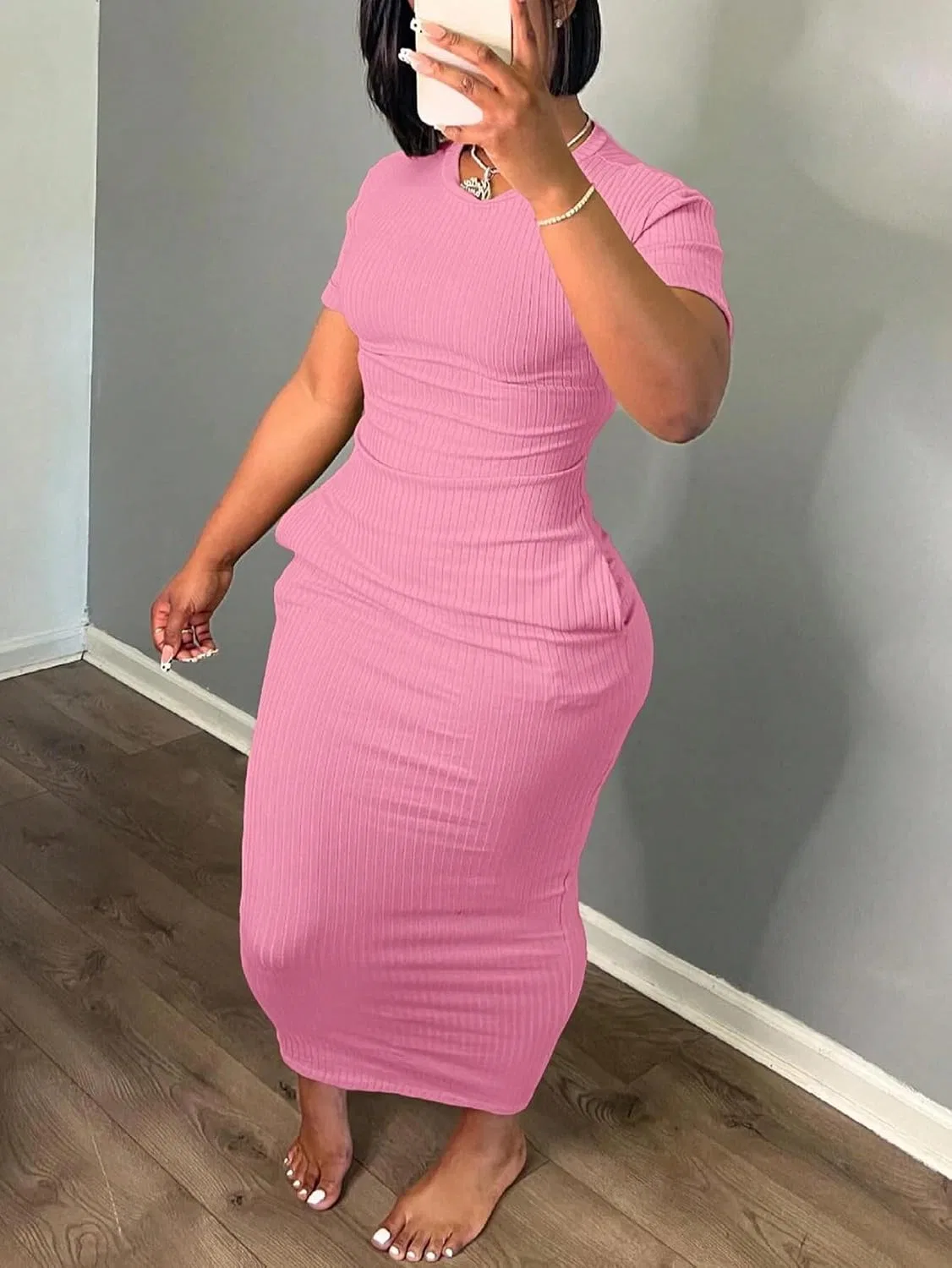 Женское облегающее платье миди с рельефной вязкой Bodycon, Pink — фото 4