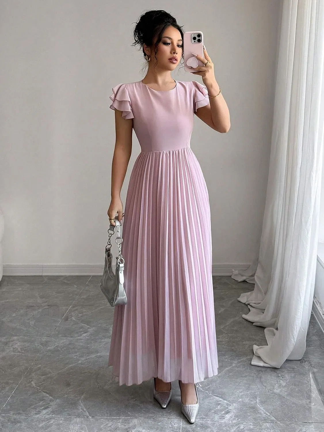 Женское элегантное плиссированное платье A-силуэта с воланами, Pink — фото 2