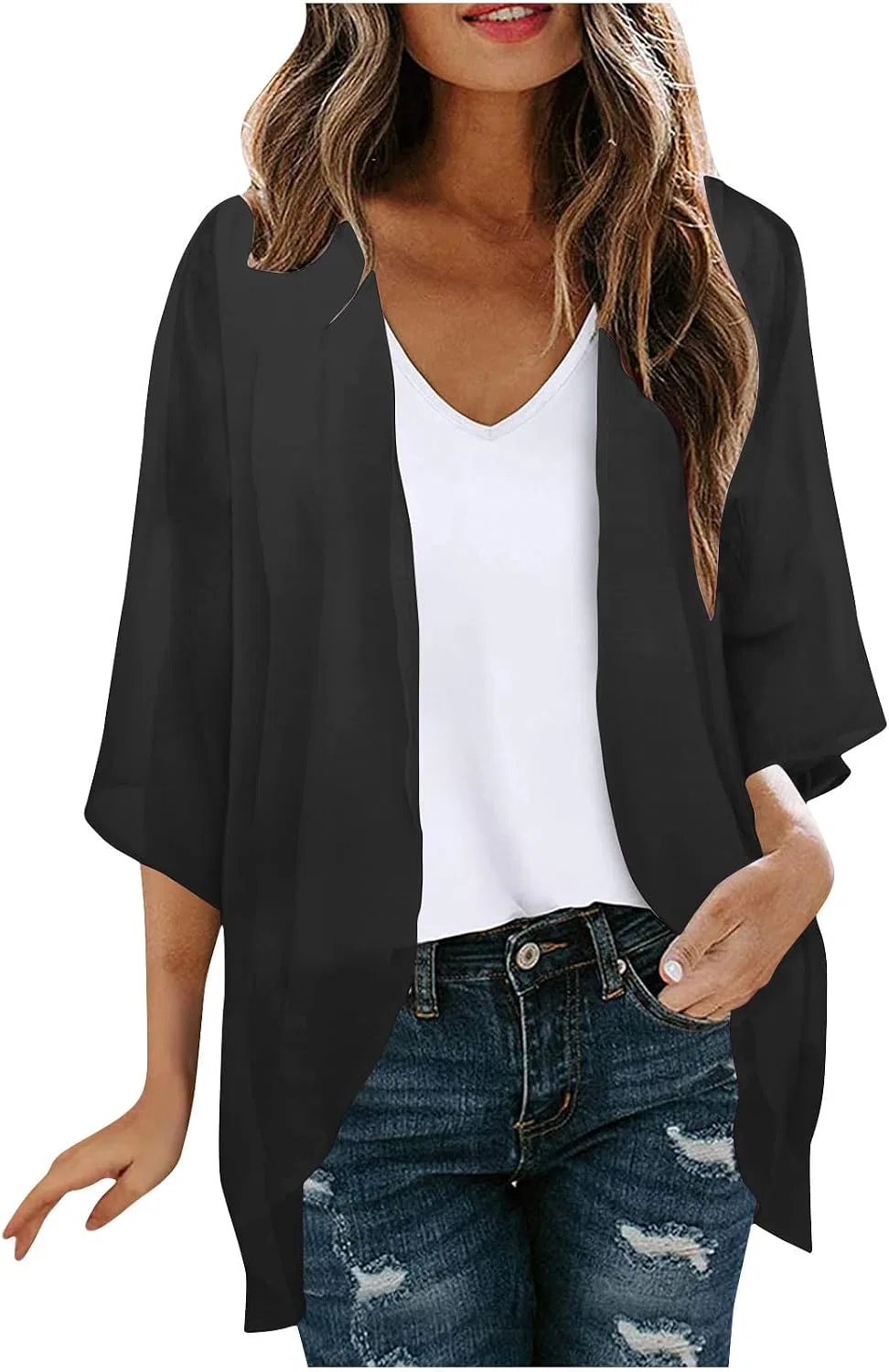 Женский кимоно-кардиган с рукавами 3/4, Chiffon Sheer, Black