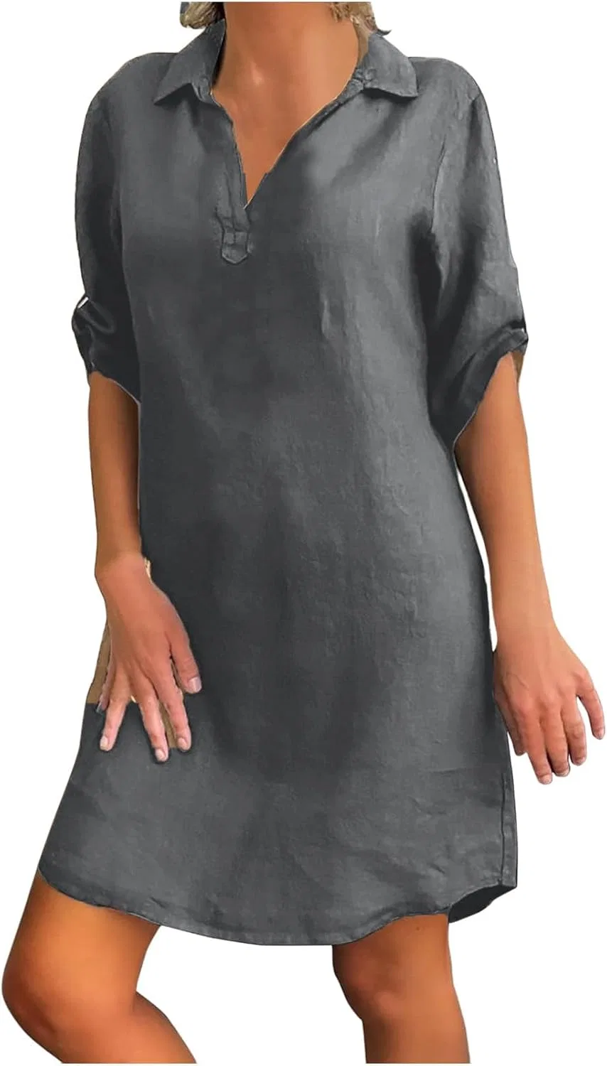 Женское платье свободного кроя из хлопка и льна, Dark Grey