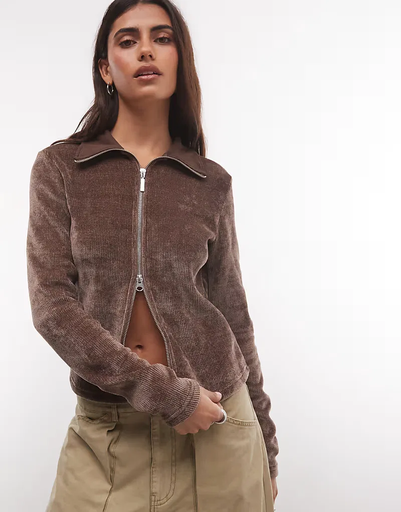 Кардиган Adidas Originals из синели на молнии, коричневый — фото 2