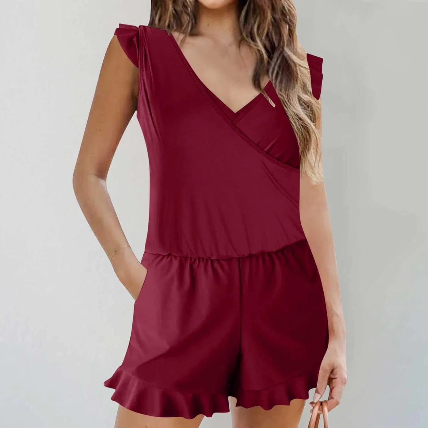 Женский слитный купальник с встроенным бюстгальтером и карманами Boyleg Jumpsuit, Red — фото 2