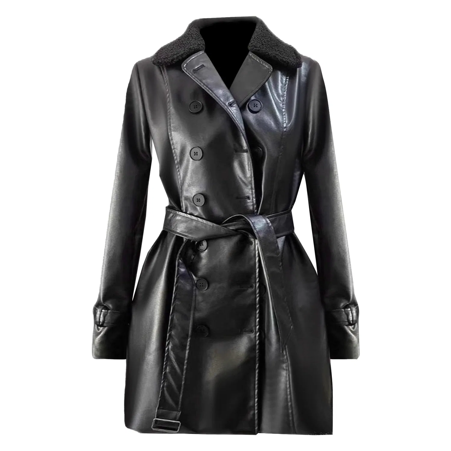 Женское пальто из экокожи с лацканами, двубортное, модель Fashion, бренд, Black — фото 4