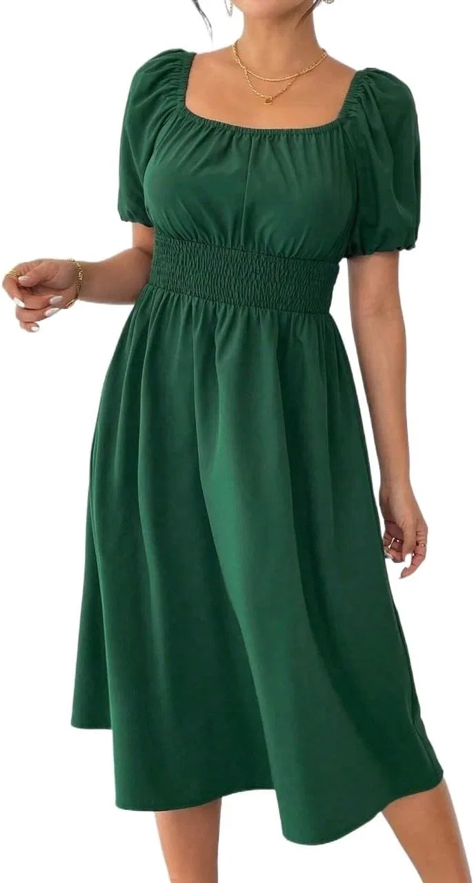 Женское повседневное платье миди с рукавами-фонариками A-line, Dark Green