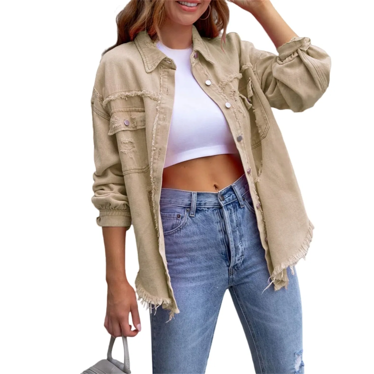Женское джинсовое пальто с бахромой Western Shacket, cachi