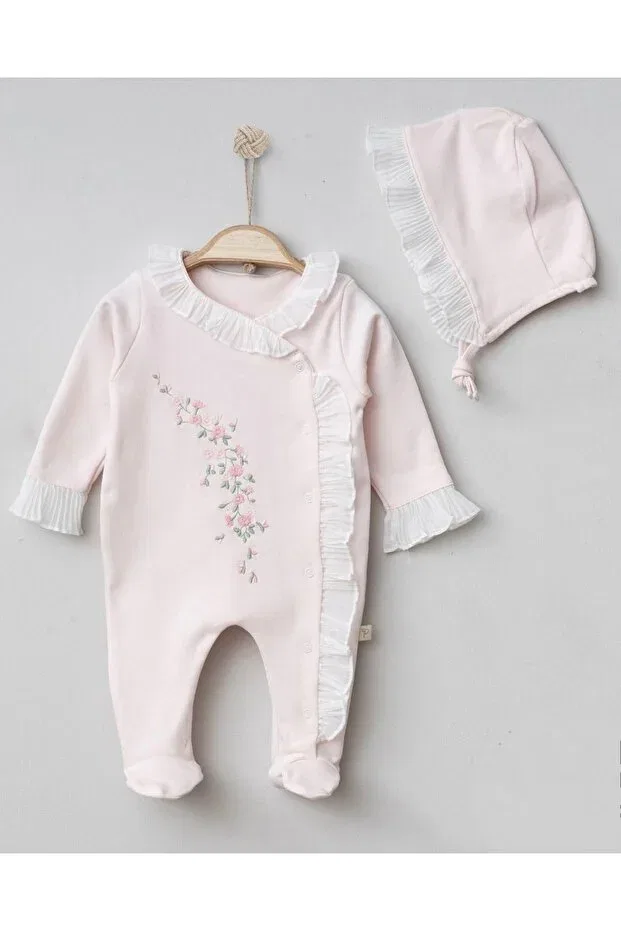 Детский комбинезон для девочек с длинным рукавом Floral Embroidered Lace Detailed Organic Romper And Hat Mert Baby, Pink