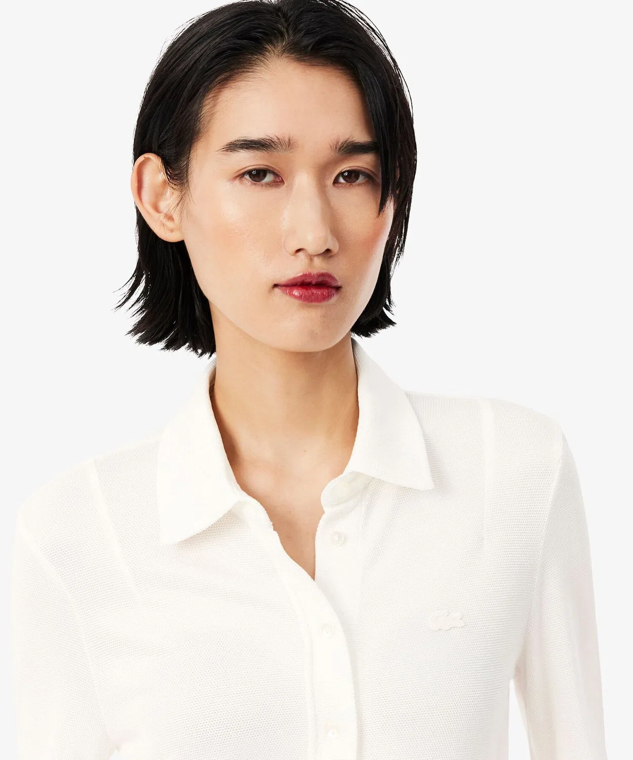 Женская лонгслив-поло из глянцевого пике, Slim Fit LACOSTE, Off White — фото 4