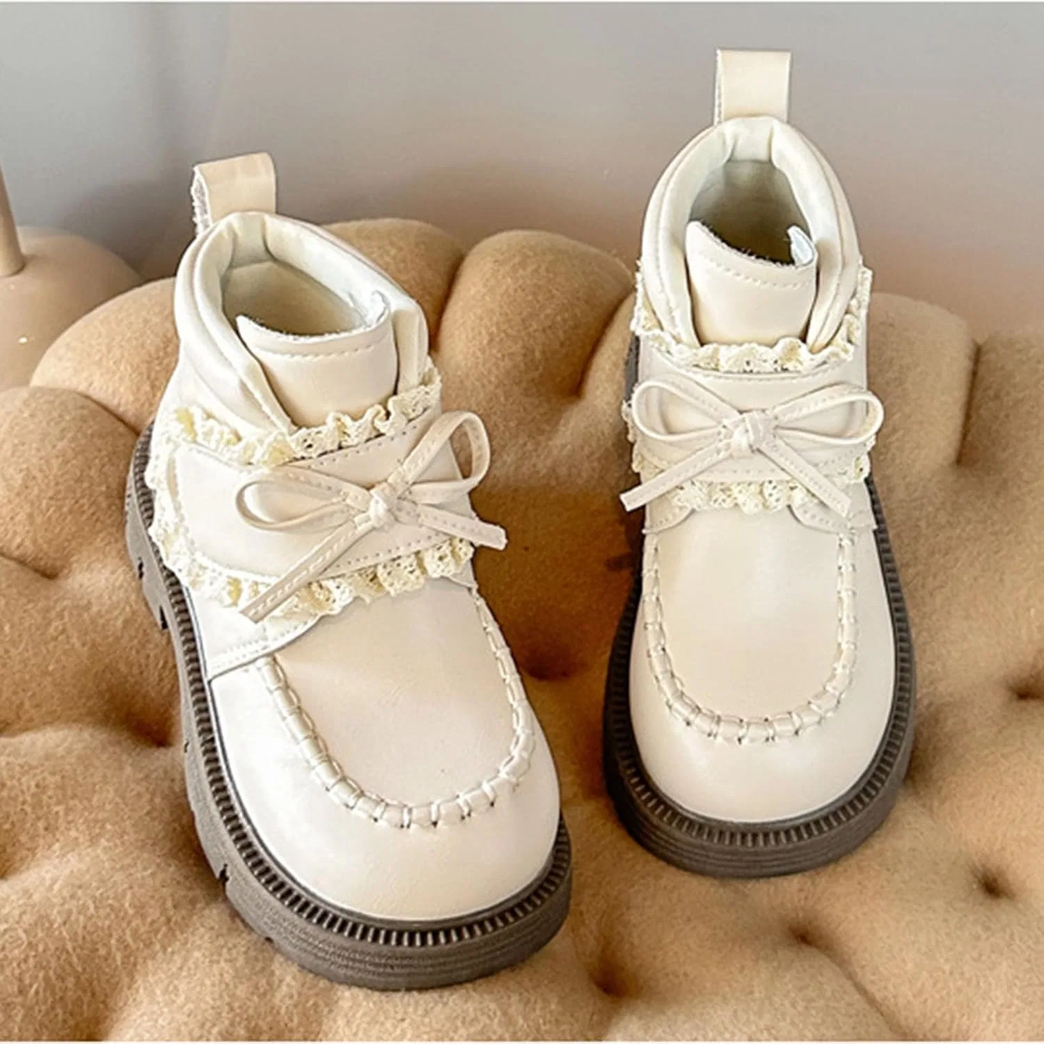 Детские ботинки для девочек с кружевным бантом Zzalalana, Beige — фото 3