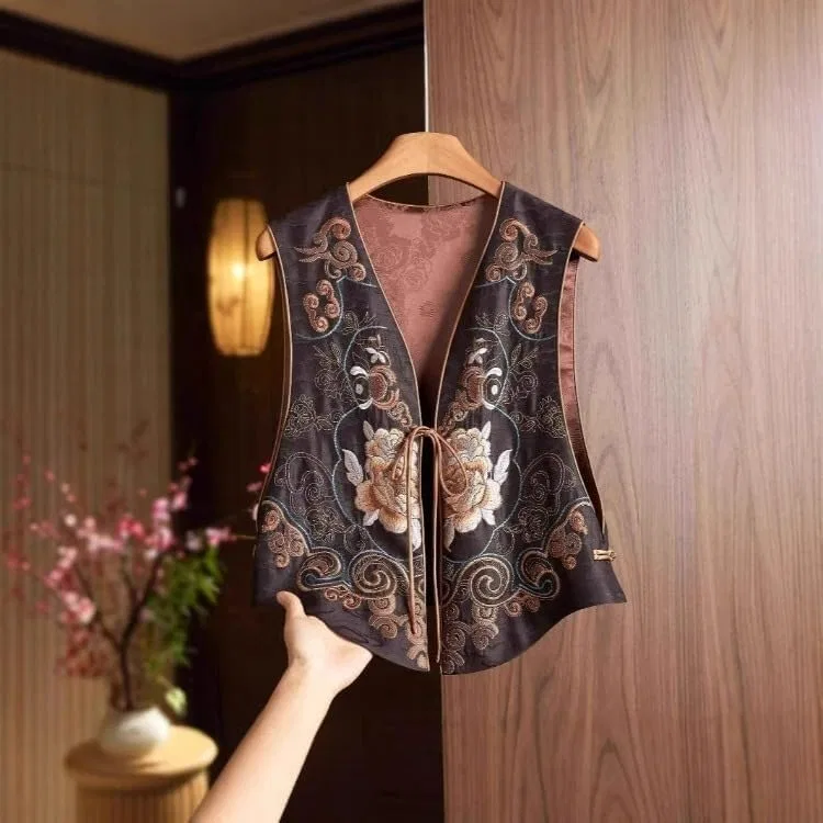 Женский жилет с китайским воротником, вышивкой и винтажными пуговицами Qipao, Nero 2 — фото 2