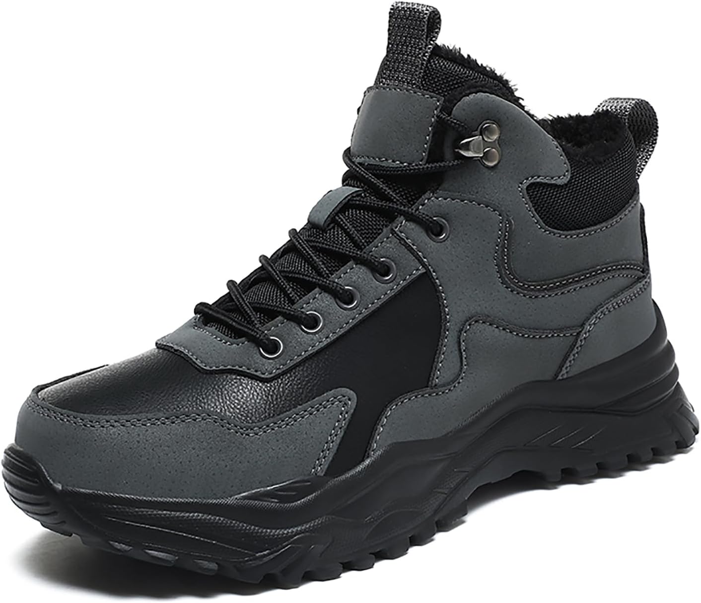 

Мужские кожаные походные зимние ботинки с меховой подкладкой, шнуровкой, легкие, с нескользящей подошвой, туристические ботинки на платформе, водонепроницаемые для зимних прогулок на открытом воздухе Egebs, серый