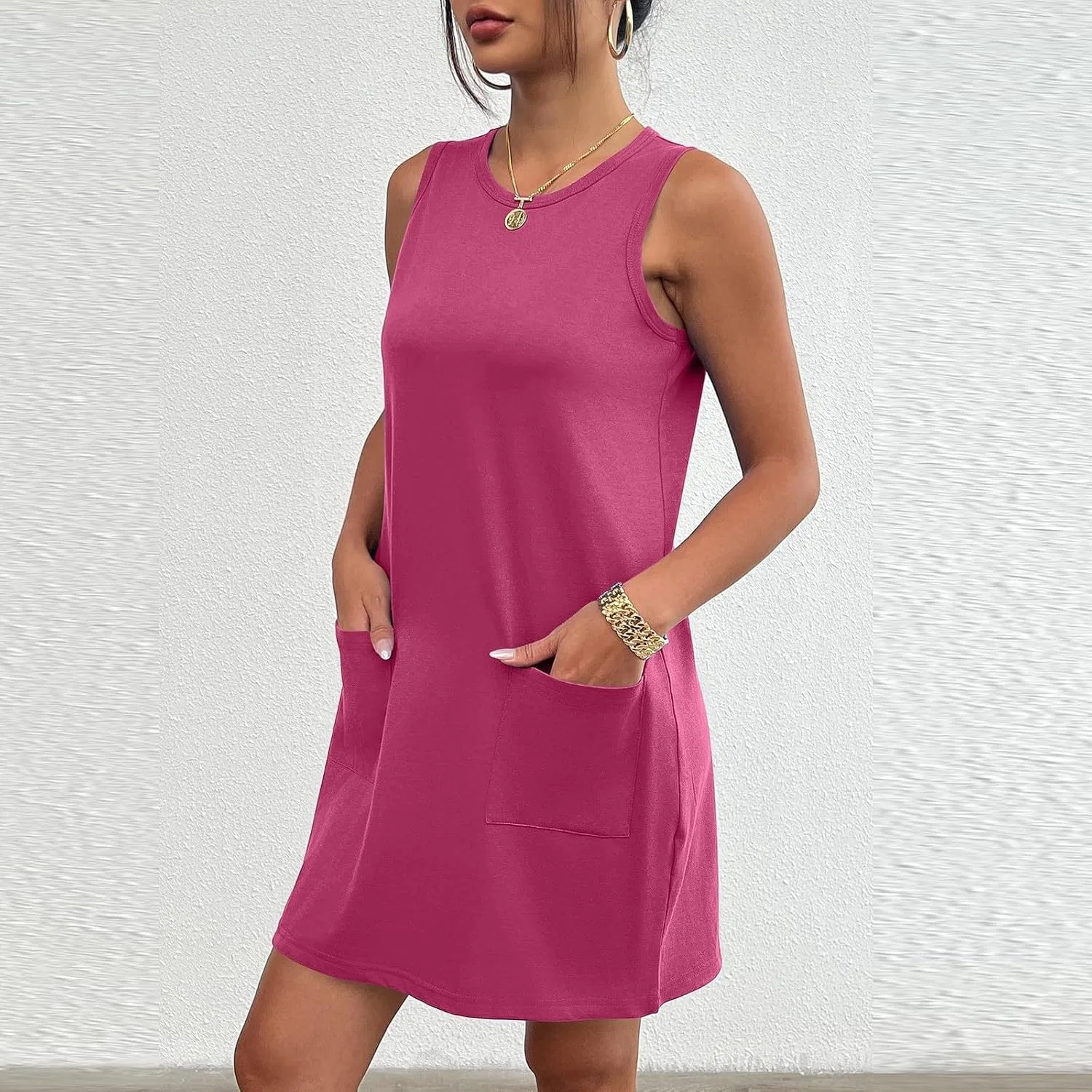 Женское мини-платье на бретелях с круглым вырезом Casual Summer, Hot Pink — фото 2