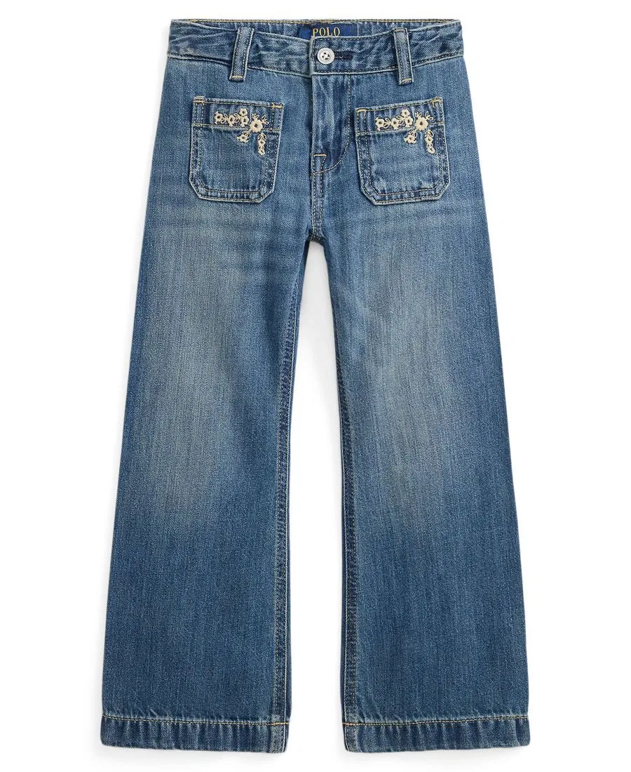 Джинсы с вышивкой и клешем из хлопка, модель Embroidered Flared Cotton Denim Jeans Polo Ralph Lauren, Tulare Wash — фото 4