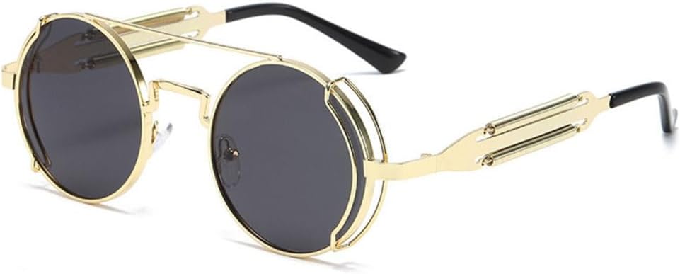 

LVTFCO Модные круглые солнцезащитные очки в стиле стимпанк для мужчин, ретро-очки с металлическим двойным пружинным креплением, уникальные солнцезащитные очки для женщин, Golden Grey